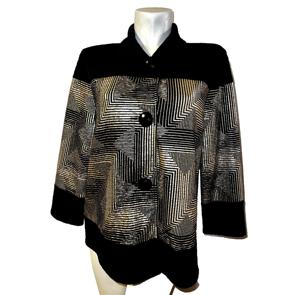 JM‎ Collection Womens Black Gold Metallic Geometric Maze Button Up Jacket Medium